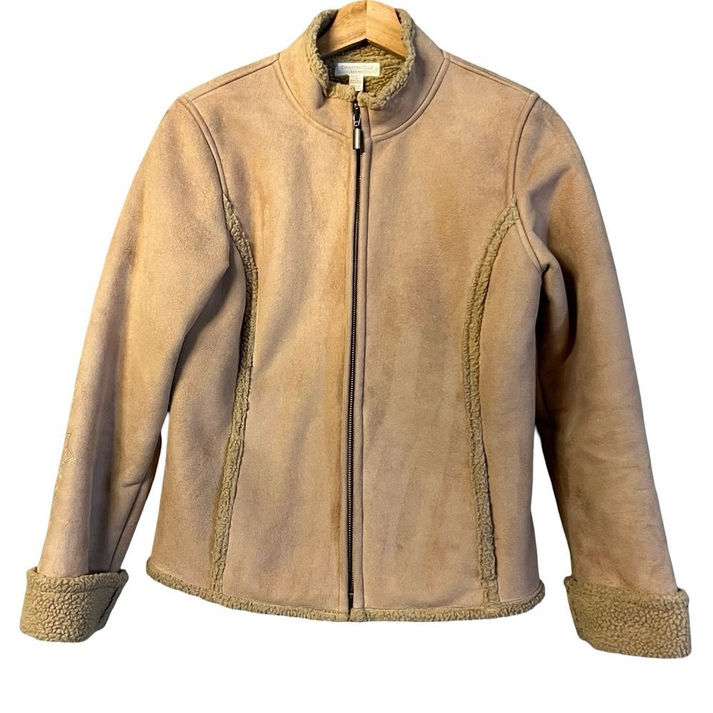 Charter Club Womens Faux Suede Embroidered Jacket Size S Sherpa Phoebe Buffay